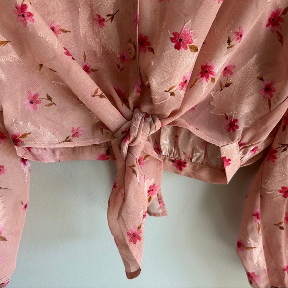 NWT Lulu's Pink Floral Semi Sheer Tie Front Long Sleeve Button Up Top 8 - Picture 4 of 7